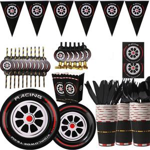 Décoration de fête sur le thème de la course automobile, de la moto, de la roue d'A-mazon, drapeau, pneu, assiette en papier jetable, <span class=keywords><strong>gobelet</strong></span> en papier, vaisselle - Product Image 5