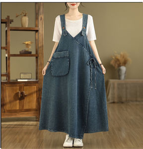 <span class=keywords><strong>Vestido</strong></span> de Mezclilla Lavado Retro de Talla Grande para <span class=keywords><strong>Mujer</strong></span>, Estilo Veraniego, <span class=keywords><strong>Vestido</strong></span> Largo Holgado Informal con Tirantes Estilo Occidental - Product Image 3