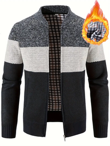 Dropshipping Mid Stretch Color Block Fleece Jacket Men's Casual High Neck Poliéster Cardigan-Ajuste regular con cierre de solapa - Product Image 6