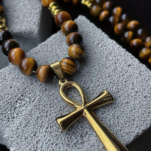 Collar de Cruz de hematita dorada con cuentas de piedra de ojo de tigre de piedra Natural Católica Cristiana religiosa de alta calidad para hombres - Product Image 6