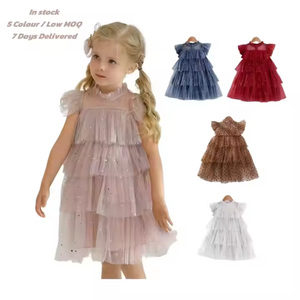 Robe mi-longue scintillante pour enfants, robe de mode pour filles avec motif étoile en maille, manches courtes, design gâteau avec tulle bouffant, offre ODM - Product Image 3