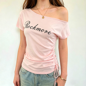 Haut court à manches courtes style streetwear Ins, imprimé lettres, taille froncée cintrée, coupe ajustée, sexy et polyvalent, épaules dénudées - Product Image 5