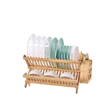Égouttoir de cuisine pliable à 2 niveaux en bois écologique Égouttoir à vaisselle en bambou avec ustensile Ensemble de porte-couverts