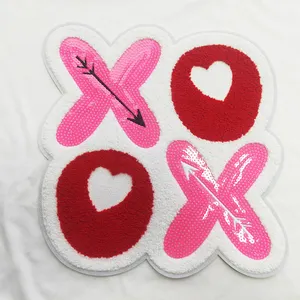 Factory Custom Wholesale valentines day Glitter sequin large Chenille Towel Embroidery XOXO iron on Patches for Clothes Clothing