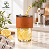 Gobelet en verre moderne personnalisé avec logo, manchon pour paille, 450 ml, ambre, gris fumé, transparent, réutilisable, écologique, cadeau, rentrée scolaire, micro-ondes