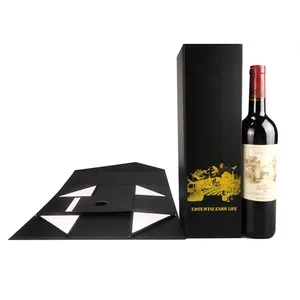 Custom Luxury Elegent Black Single Wine Bottle Gift Box Magnetic Folding Paper Cardboard Boxes Packaging