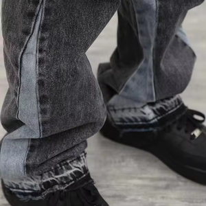 Custom High Quality Men's <b>Jeans</b> Casual Black Grey Patchwork Vintage Washed Flares <b>Button</b> High Street Denim Trousers for Men - Product Image 3
