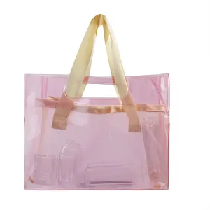 China suppliers 2pcs in 1 set waterproof beach jelly clear shopping tote women transparent pvc handbag with small purse