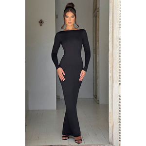 Abito lungo da donna slim fit sexy senza schienale con scollo a barchetta e <span class=keywords><strong>maniche</strong></span> <span class=keywords><strong>lunghe</strong></span>, aderente per serate, feste e cocktail - Collezione Autunno - Product Image 4