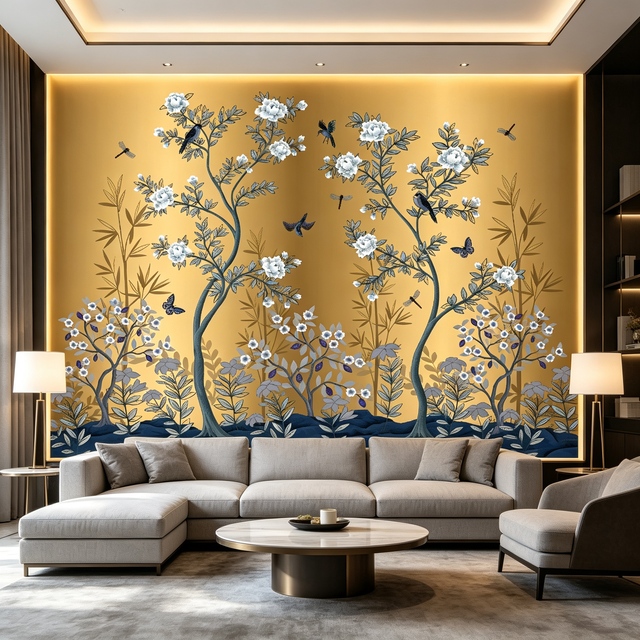 Custom Self Adhesive Wall Sticker Printing Dark Background Chinoiserie Golden Floral Mural Wallpaper Home Living Room Wallpaper