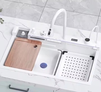 Évier de cuisine multifonctionnel en acier inoxydable 304 blanc avec robinet cascade à affichage numérique, grand bac unique et station de travail avec lave-tasses intégré