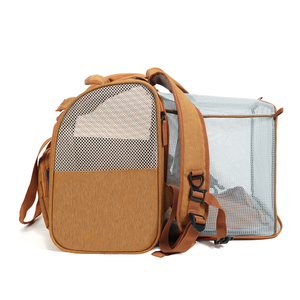Sac de transport souple en cuir pour chats avec fenêtre en maille respirante, fermeture éclair, marron, forme carrée, sac à dos rigide - Product Image 5