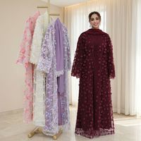Koleksi Abaya Mewah 2026 untuk Lebaran, Bordir Bunga, Abaya Berenda 3 Potong, Abaya Sederhana untuk Wanita Muslim dengan Dalaman dan Hijab