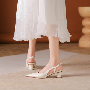 Zapatos de Oficina de Tacón Medio con Punta Puntiaguda y Tira Trasera, Forro de Cuero, Color Sólido, Tacón de Bloque de 3cm/5cm, Decorados con Hebilla, Tendencia de Moda - Product Image 4