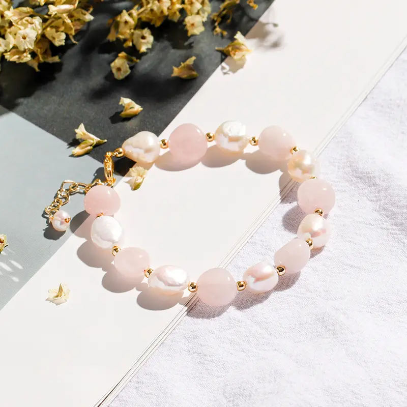 Mode natürliche Heilung rosa Kristall Rosenquarz natürliche Süßwasser Perle Armband für Frauen Mädchen