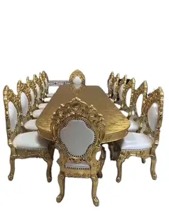 Italiano Exquisite Luxo Villa Sala De Jantar Conjunto 24k Ouro Brilhante Europeu Clássico Carvalho De Madeira Esculpida Mesa Longa Cadeira De Couro
