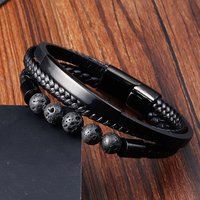 Bracelet en cuir véritable tressé double couche pour hommes créatifs de luxe avec perles en pierre de lave PVD fermoir magnétique en acier inoxydable noir