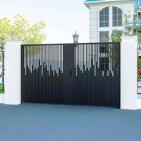 Portail double battant contemporain en aluminium noir, automatique et intelligent, pour allée de villa et jardin extérieur, avec poignée dorée durable