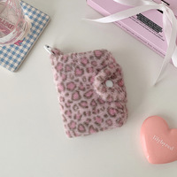 Porte-monnaie en peluche à imprimé léopard rose, joli sac de rangement pour cartes bancaires à double pliage, sac à cartes portable, mini sac