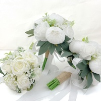 Buket Pengantin Buatan Tangan dari Sutra Mewah dengan Bunga Peony Putih & Mawar, Dilengkapi Hijauan & Pembungkus Pita untuk Pemotretan Pernikahan & Acara