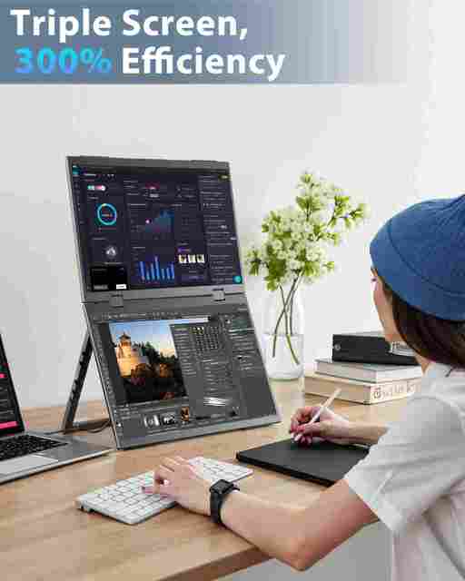 15.6 Inch 1080P Portable Monitor Dual Screen Laptop Extender Built-in Stand 180° Rotation Compatible with Mac Windows Linux