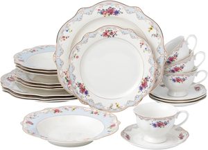 Juego de Vajilla de Porcelana Fina de 20 Piezas, Servicio para 4 Personas, Diseño Floral con Detalles en Azul y Dorado, para Venta al Por Mayor, Modelo Romantic Bloom - Product Image 1