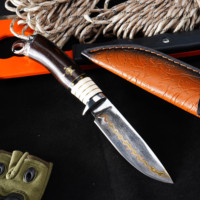 Couteau fixe en acier Damas GT-F0102 avec manche en ébène et décoration tête d'aigle, couteau droit d'extérieur