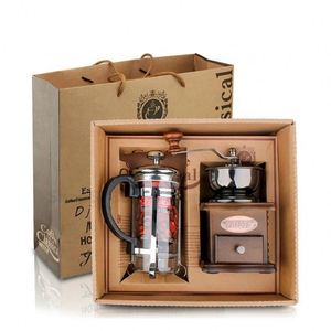 Coffret cadeau d'accessoires à café en gros : Moulin à café manuel en bois avec presse française en verre de 350 ml - Product Image 1