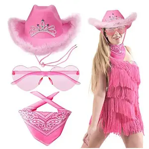 Birthday Tiara Cowboy Hats Pink Western Cowboy Hat Glasses Square Scarf Set Halloween Party Pink Feather Cowboy Hat