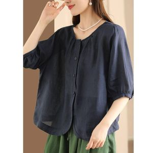 Women's Green Linen Shirt Loose Round Neck Button Front Summer Blouse Casual Everyday Wear - Product Image 4