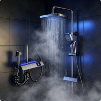 Système de douche thermostatique moderne en acier inoxydable gris anthracite avec clavier piano, affichage numérique LED de la température et robinet de douche hydroélectrique