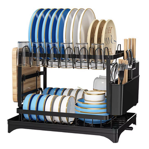 Scolapiatti a 2 livelli in acciaio al carbonio resistente con vassoio raccogligocce, organizer per piatti da cucina, portaoggetti per stoviglie - Product Image 6
