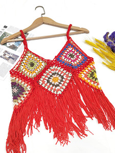 <span class=keywords><strong>Gilet</strong></span> court en <span class=keywords><strong>crochet</strong></span> fait main avec franges, motif carré Granny, idéal pour l'<span class=keywords><strong>été</strong></span>, pour femme - Product Image 4