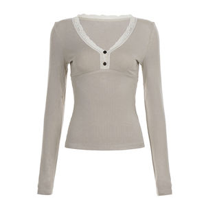 Blusa Dulce e Inocente con Cuello en V al por Mayor, Blusa de Manga Larga con Botones y Ribete de Encaje, Corte Regular, Camiseta de Mujer de Secado Rápido - Product Image 5