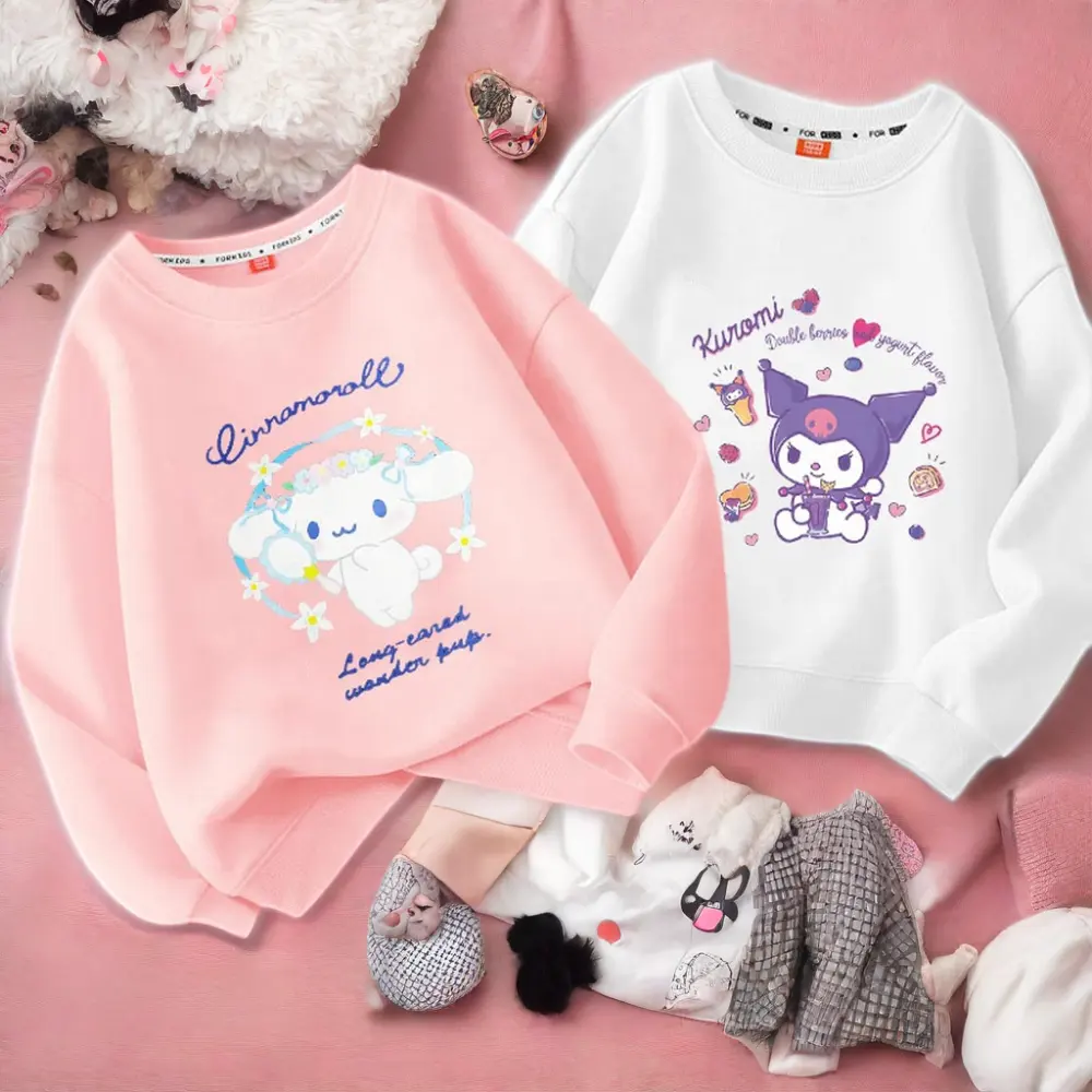 Hot Sale Sanrio Children's Hoodie Cute Kuromi Cartoon Design Thicken round Neck Keep Warm Sweater for Autumn Winter Costume