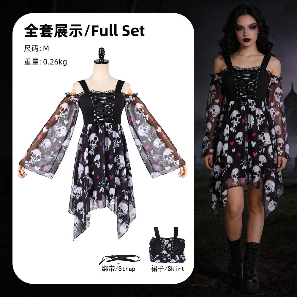 Gothic skull off-shoulder mini skirt