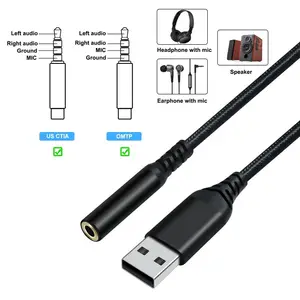 타입 A 오디오 어댑터 마이크 이어폰 전화 액세서리 블랙 2 에서 1 USB to 3.5MM 잭 Aux 오디오 사운드 카드 어댑터 케이블