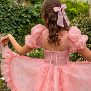 Ánh Sáng Màu Hồng Hoa Voan Đám Cưới Khách Prom Dress Cho Phụ Nữ Midi Chiều Dài Công Chúa Phong Cách Puff Tay Áo Mở Lại Nút Vuông - Product Image 2