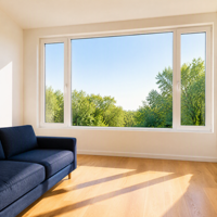 Ventana Abatible de Tres Paneles con Cristal Fijo Central y Dos Hojas Abatibles Hacia Afuera, Doble Acristalamiento para Sala de Estar