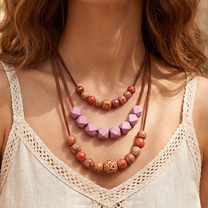 Boho Triple Strands Suede <b>Rope</b> Necklace Multi Shape Printed Wood Beads Women Vintage Casual Western Neck Ornament - Product Image 4