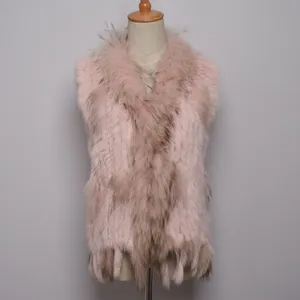 2022 Alta Qualidade Inverno Grossa Genuine Rabbit Fur Knitted Vest Senhoras Colete De Pele Com Guaxinim Fur Collar