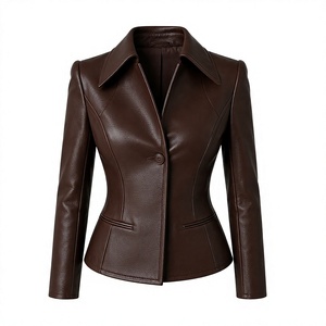 <b>Women</b>’s <b>Brown</b> <b>Leather</b> Peplum <b>Jacket</b> Long Sleeve Tailored Button Front Fashion Coat - Product Image 1
