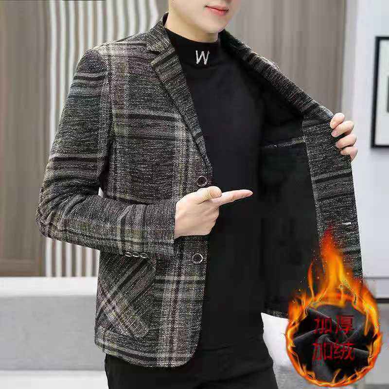 Men's Winter Blazer Plush Warm Checked Suit for Young Men