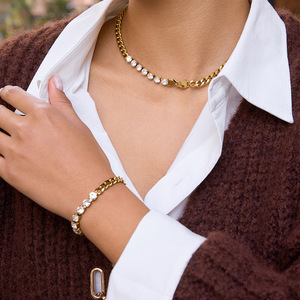 Conjunto de collar de cadena cubana de acero inoxidable con diamantes de imitación para mujer, joyería para fiestas - Product Image 2