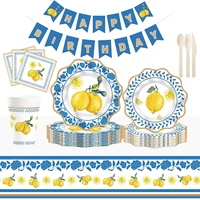 DAMAI Ensemble de vaisselle de fête d'anniversaire thème citron jaune, décoration estivale, assiettes et serviettes en papier découpées, 100 pièces, haute qualité, très demandé