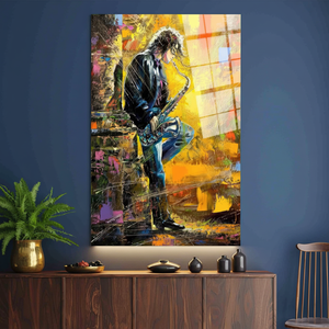 Impresión en lienzo de vidrio artístico con diseño de saxofón de jazz moderno - Decoración elegante para sala de música, arte en vidrio templado - Product Image 3