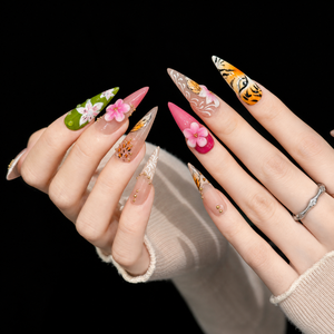 <span class=keywords><strong>Uñas</strong></span> Postizas de Alta Gama al por Mayor, Pintadas a Mano con Diseño de Tigre <span class=keywords><strong>y</strong></span> Flores, <span class=keywords><strong>Uñas</strong></span> Postizas Largas con Diseño de Leopardo <span class=keywords><strong>y</strong></span> Flores 3D, Hechas a Mano, Personalizadas ODM - Product Image 2