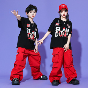 Traje de <span class=keywords><strong>Baile</strong></span> Hip Hop para Niños, Camiseta Negra con Estampado Slam Dunk, Pantalones Cargo Rojos Holgados, Ropa para Actuaciones en Escenario - Product Image 3