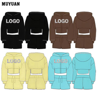 Ensemble 2 pièces pour femme : Sweat à capuche court zippé et short taille haute en molleton uni (coton et polyester) pour marque de distributeur