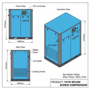 Compresseur d'air à vis stationnaire TAYO SR1030 30 CV 415 V, refroidi par air, lubrifié, machine industrielle - Product Image 3
